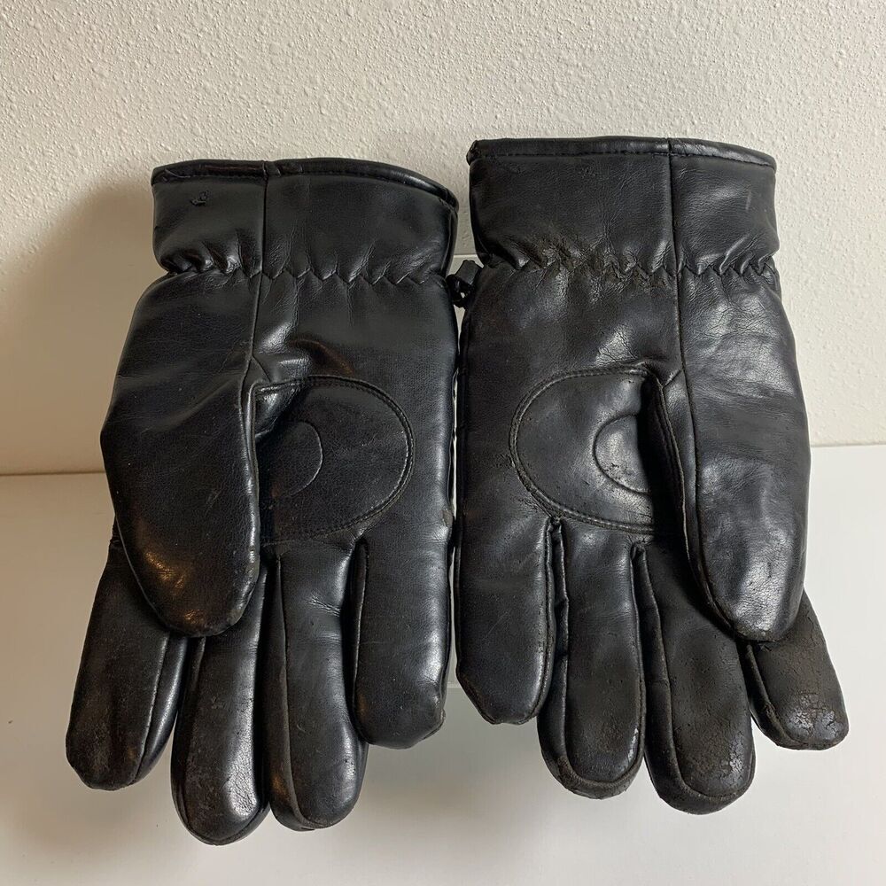 Vintage Faux Leather Vinyl Gloves Mens Large Black/Blue Faux Sherpa Lining